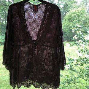 Johnny Was 3/4 sleeve embroidered tie front top L